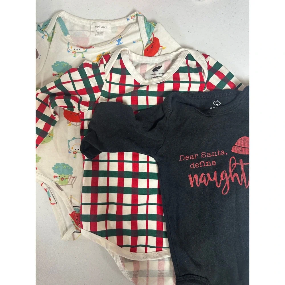 Baby Bodysuits Lot of 3 12-18M Christmas/Plaid/Vegetable